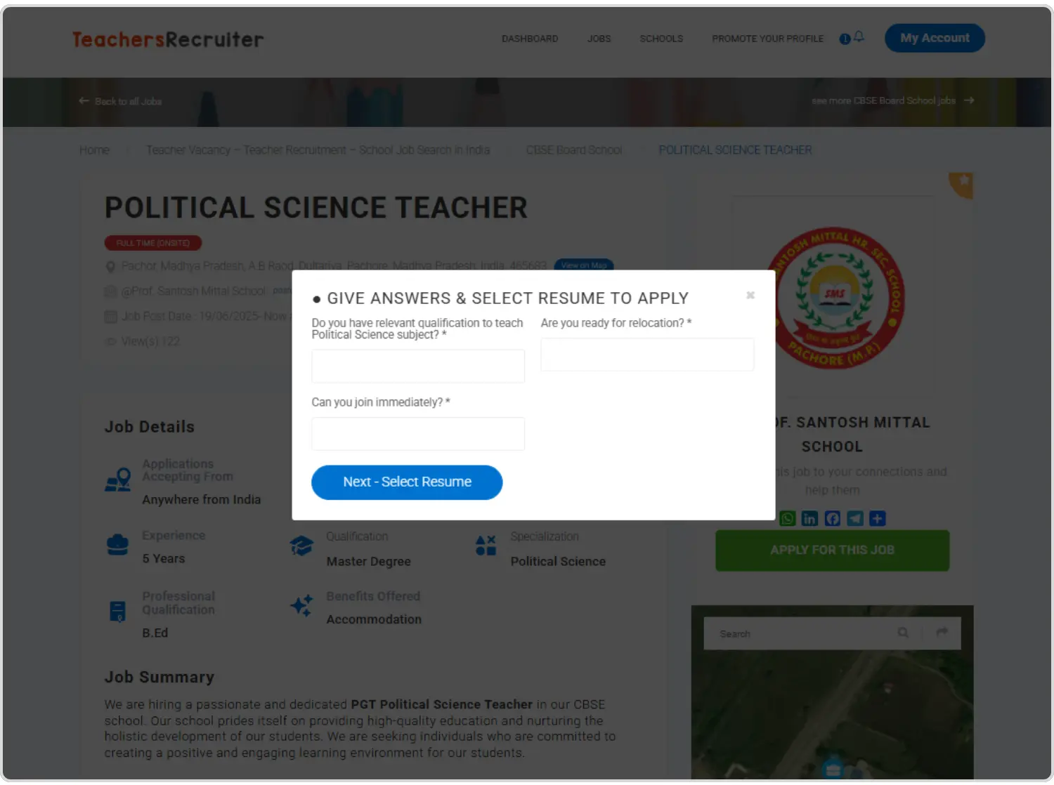 Give Screenning Answers and Apply on Teachers Recruiter portal