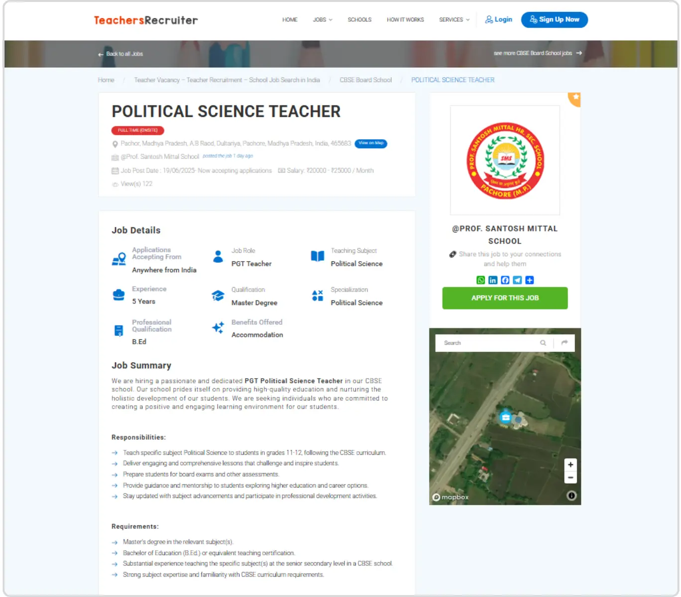 Job details page on Teachers Recruiter