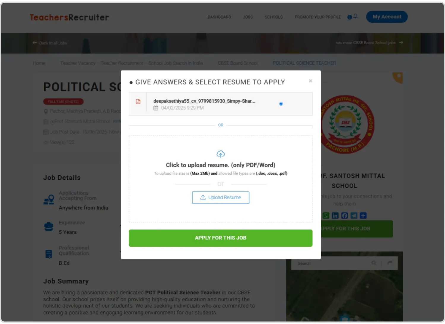 Select Resume to Apply on Teachers Recruiter portal